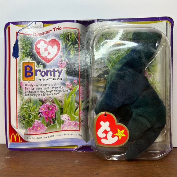 Vintage McDonalds Ty Beanie Babies Mini Dinosaur Trio Bronty the Brontosaurus - Picture 1 of 7